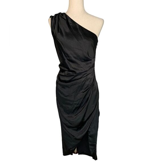 Elliatt Cassini Black One Shoulder Satin Midi Cocktail Dress | Size M - Picture 6 of 9